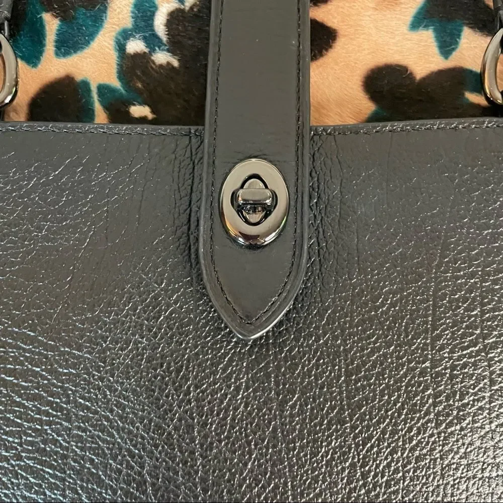 Coach Mercer Calfhair Satchel 38357 Black Scattered Leaf